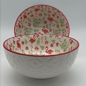 Boston Warehouse Flamingo Patterned White, Green, Red Serving Bowls (Set of 2)